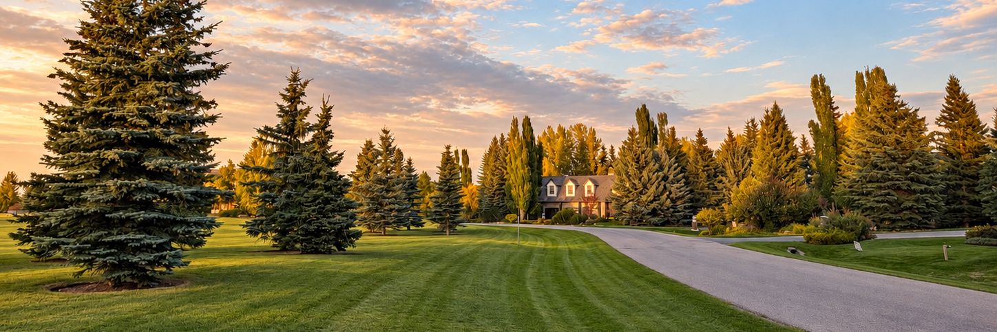 A Pinehurst street with spruce trees, mown lawns and a home at sunset
